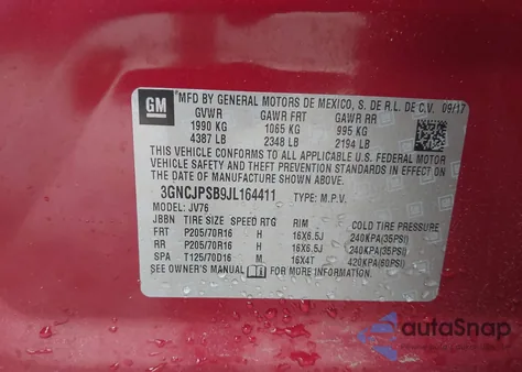 2018 Chevrolet Trax Lt из США, поврежденный, VIN 3GNCJPSB9JL164411